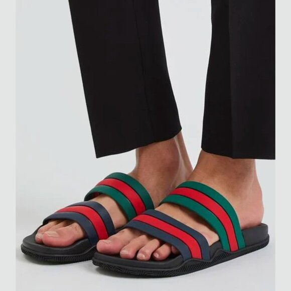 NEW GUCCI Men's WEB Rubber Slides Sandals Red Green Blue G 10 US 10.5 Authentic - Picture 5 of 12